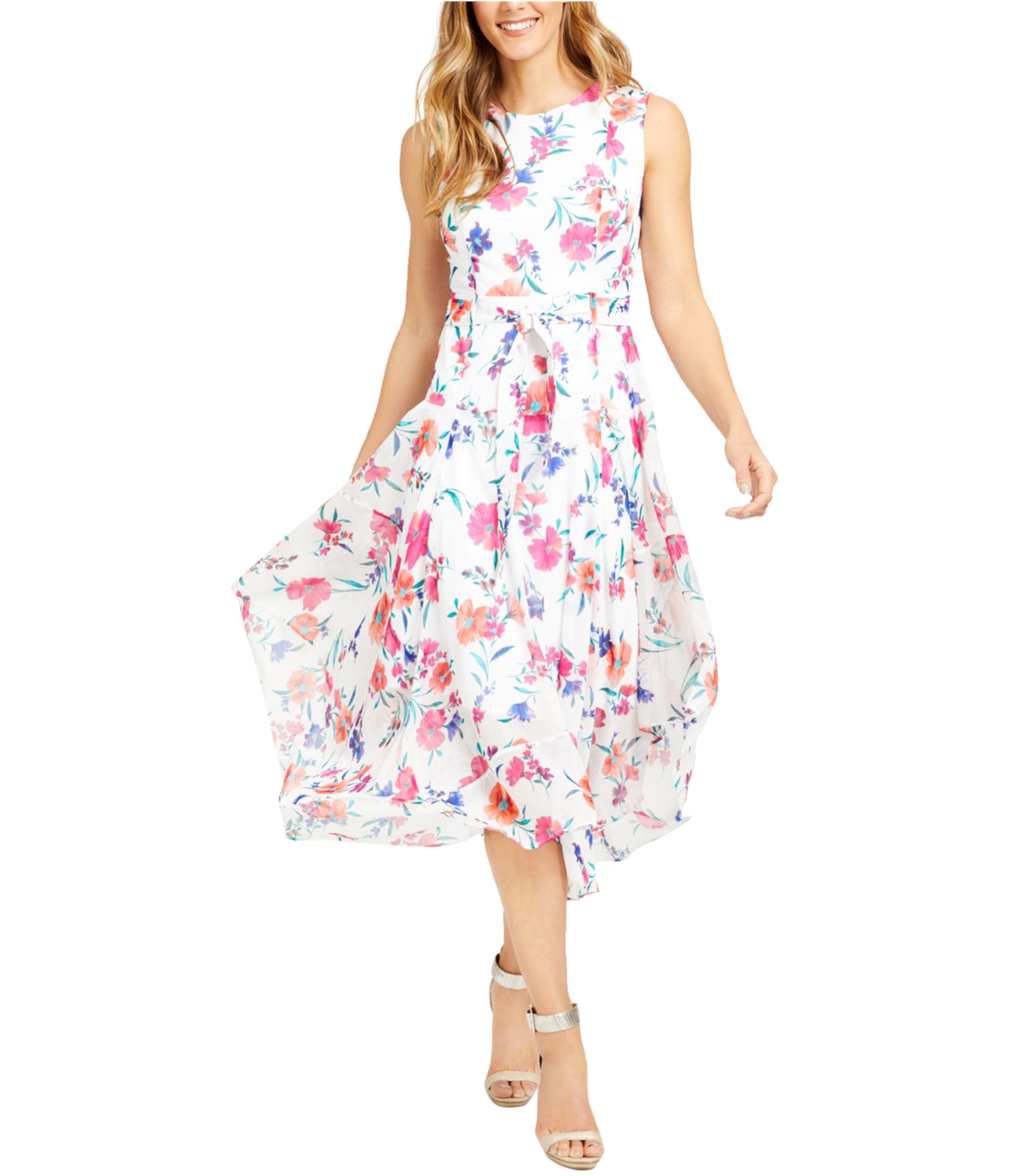 calvin klein floral belted chiffon midi dress