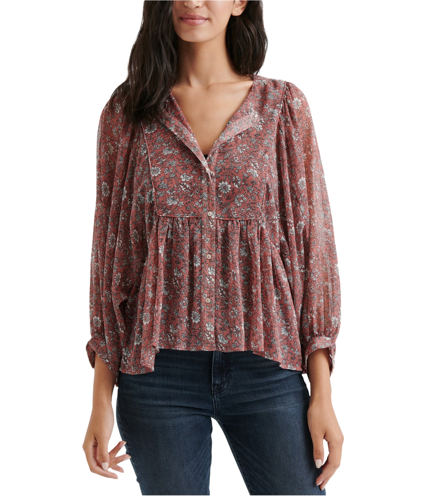 Lucky Brand Womens Floral Print Peasant Blouse, Pink, Small ...
