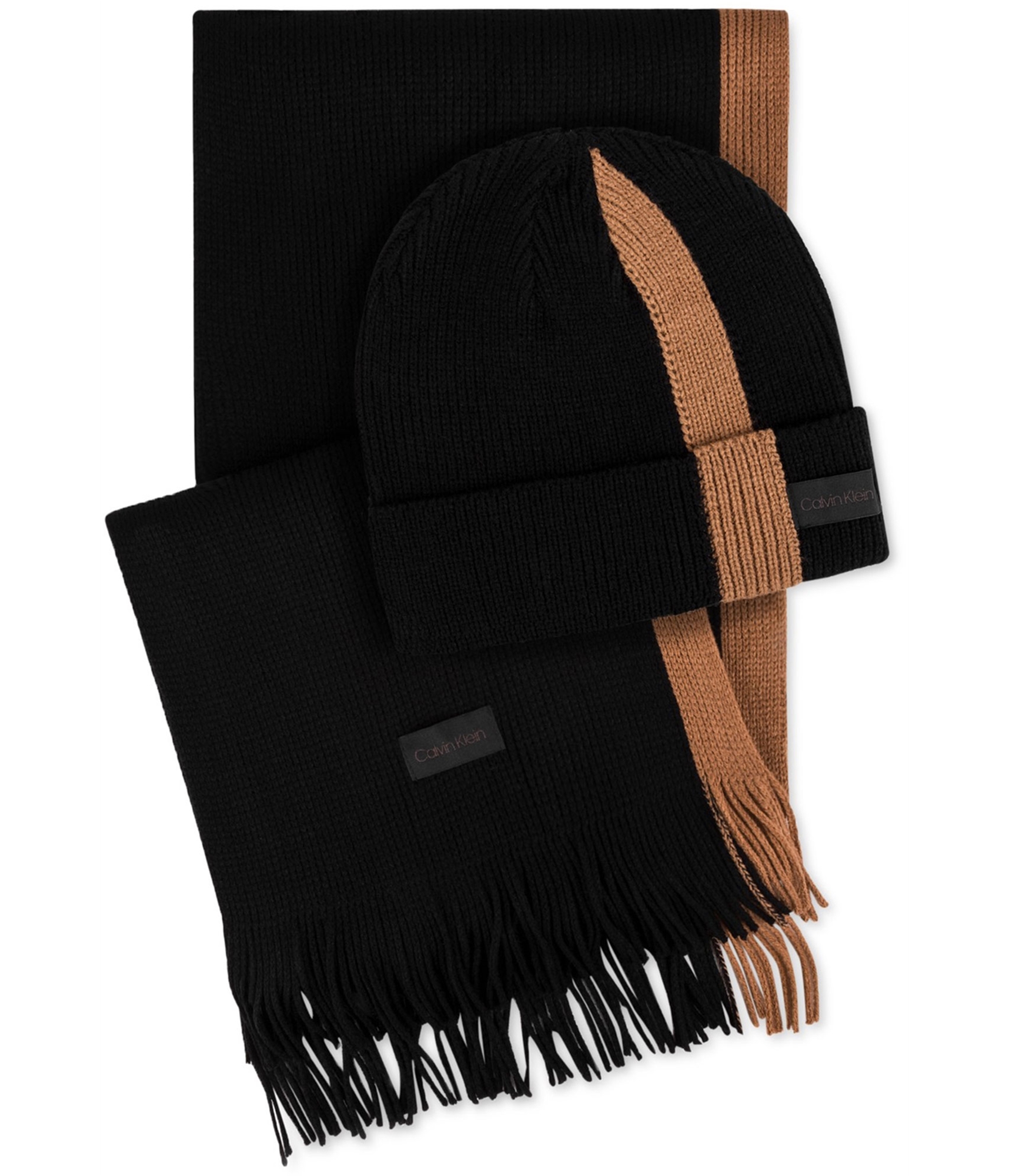 Calvin Klein Mens Ribbed Striped Scarf Set Beanie Hat, Black, One Size ...