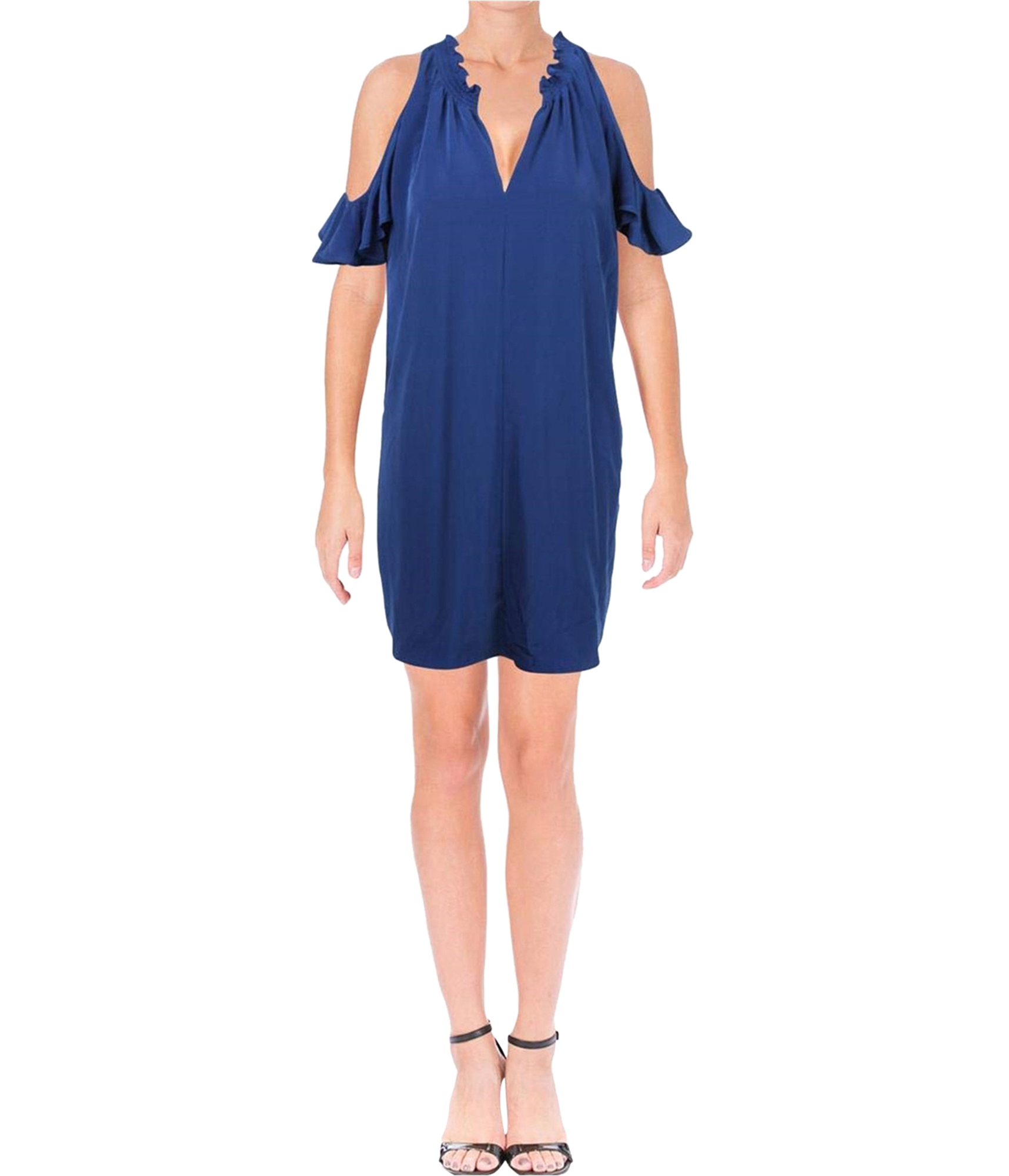 Rachel Roy Womens Shift Dress V Neck Cold Shoulder Side Pockets Blue