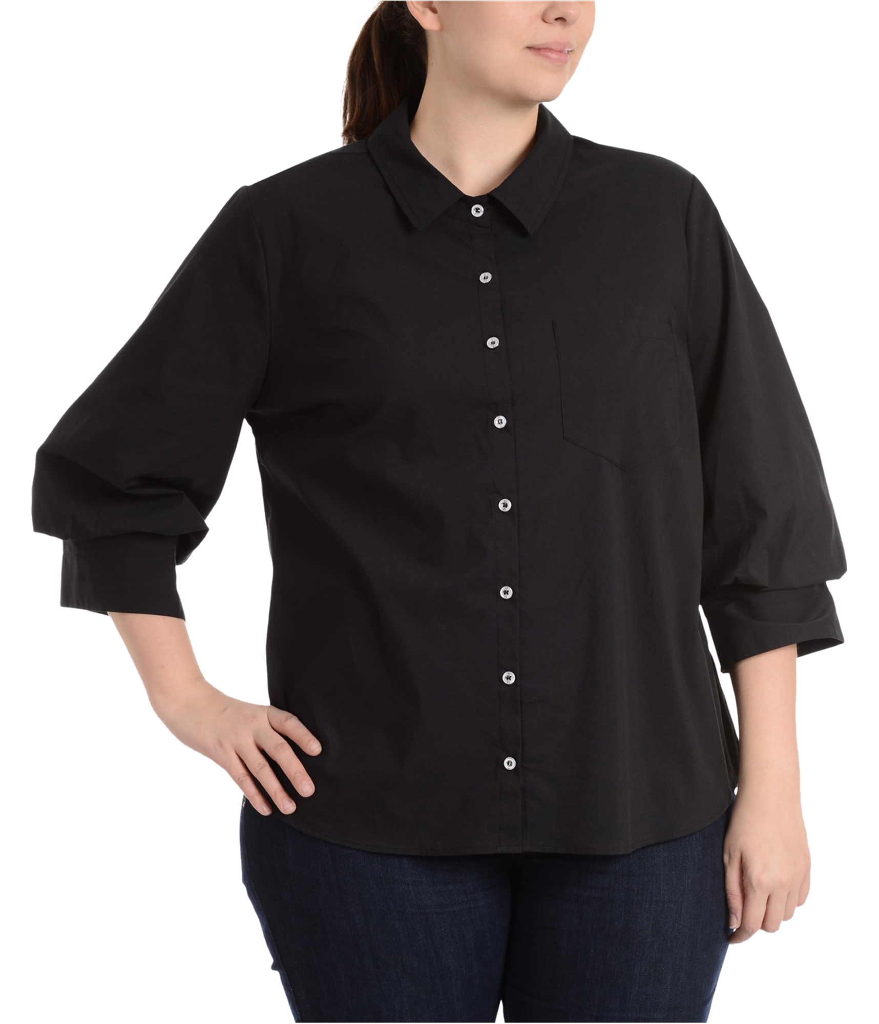 Ny Collection Womens Collared Button Down Blouse Black 2x 